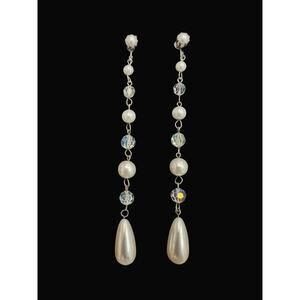 Vintage Faux Pearl AB Crystal Long Dangle Clip Earrings Silver Tone Jewelry